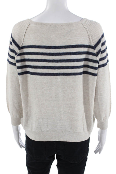 Lilla P Womens 3/4 Sleeve Scoop Neck Striped Knit Top White Navy Cotton Small