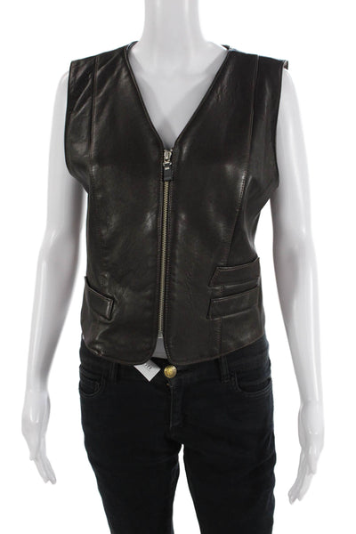 Hiscorp Womens Front Zip Leather V Neck Vest Jacket Dark Brown Size Small