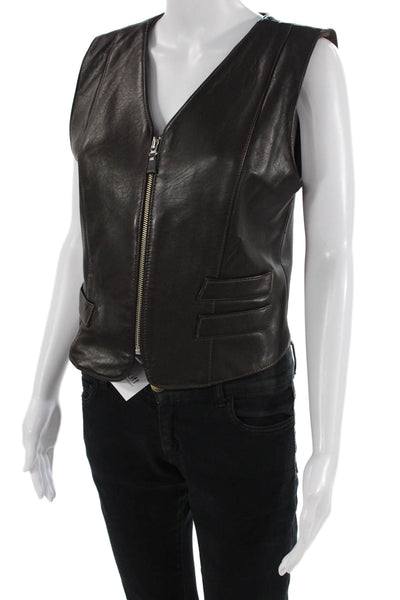 Hiscorp Womens Front Zip Leather V Neck Vest Jacket Dark Brown Size Small