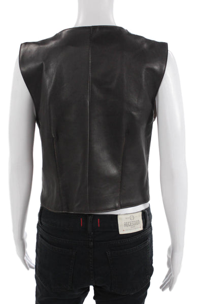 Hiscorp Womens Front Zip Leather V Neck Vest Jacket Dark Brown Size Small
