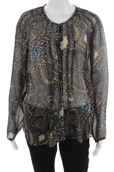 Elliott Lauren Womens Long Sleeve V Neck Floral Silk Top Brown Multi Size XS