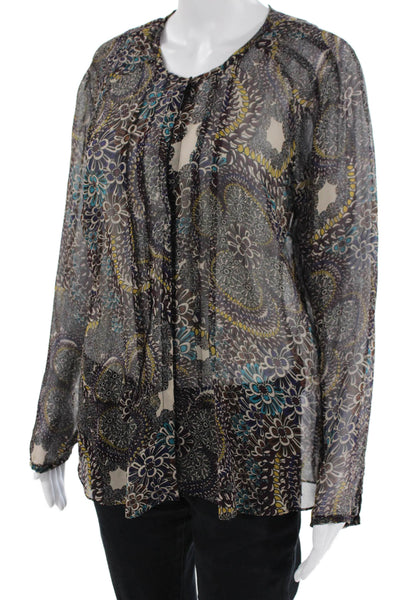 Elliott Lauren Womens Long Sleeve V Neck Floral Silk Top Brown Multi Size XS
