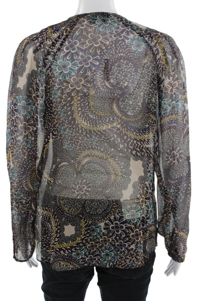 Elliott Lauren Womens Long Sleeve V Neck Floral Silk Top Brown Multi Size XS