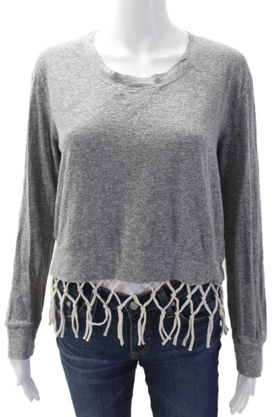 Monrow Women's Round Neck Fringe Long Sleeves T-Shirt Gray Size S
