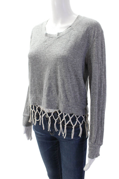 Monrow Women's Round Neck Fringe Long Sleeves T-Shirt Gray Size S