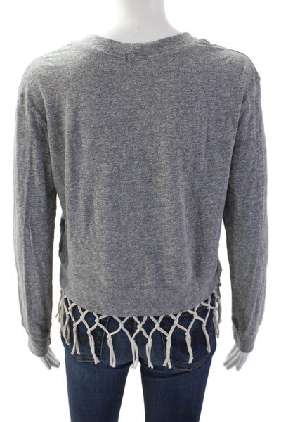 Monrow Women's Round Neck Fringe Long Sleeves T-Shirt Gray Size S