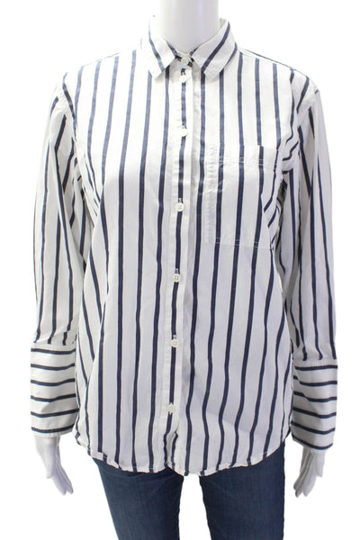 J Crew Womens Garcon Striped Print Collared Button Down Shirt White Navy Size 0