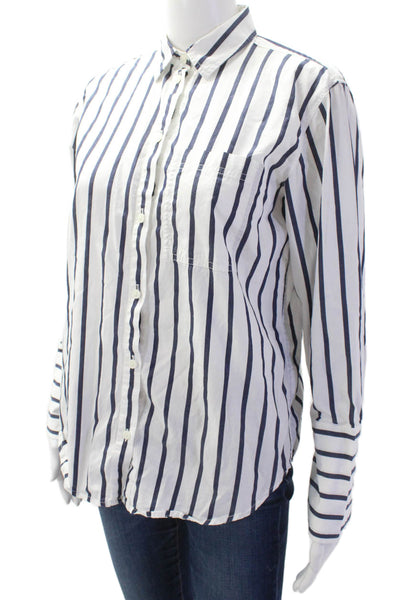 J Crew Womens Garcon Striped Print Collared Button Down Shirt White Navy Size 0
