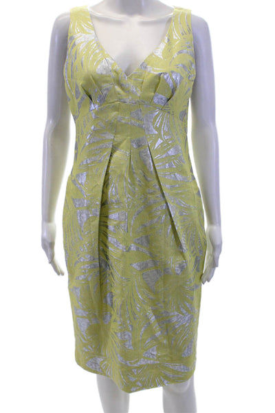 The Wrights Womens Printed V Neck Sleeveless Sheath Dress Silver Yellow Size 8