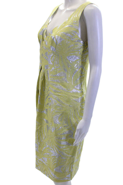 The Wrights Womens Printed V Neck Sleeveless Sheath Dress Silver Yellow Size 8
