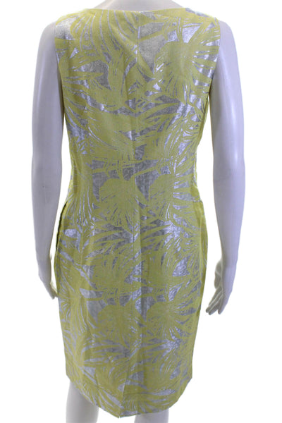 The Wrights Womens Printed V Neck Sleeveless Sheath Dress Silver Yellow Size 8