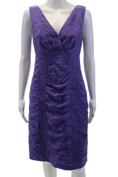 Nanette Lepore Womens Sleeveless V Neck Ruched Mid Calf Dress Purple Size 8