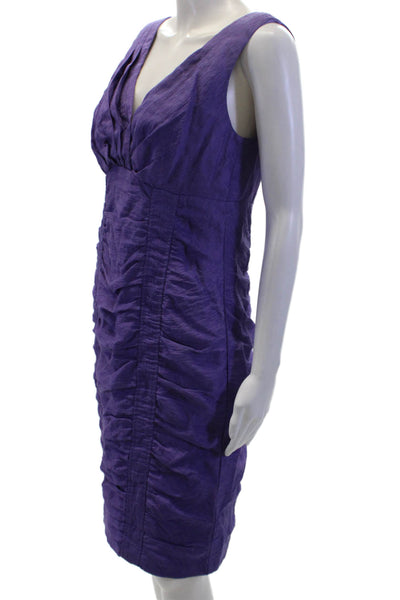Nanette Lepore Womens Sleeveless V Neck Ruched Mid Calf Dress Purple Size 8