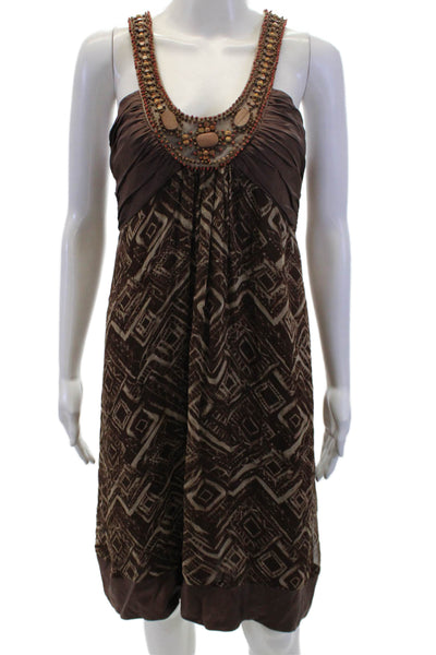BCBG Max Azria Womens Silk Printed Beaded Halter Neck Dress Brown Red Size 8