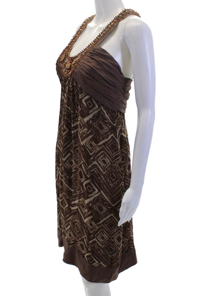 BCBG Max Azria Womens Silk Printed Beaded Halter Neck Dress Brown Red Size 8