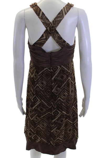 BCBG Max Azria Womens Silk Printed Beaded Halter Neck Dress Brown Red Size 8