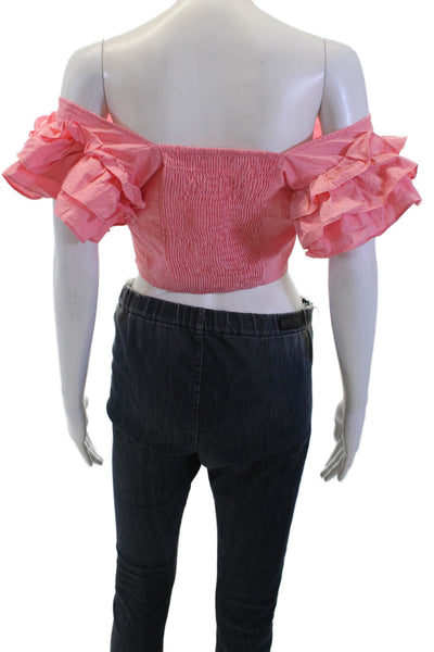 Zara Womens Ruffled Short Sleeves Cropped Blouse Pink Size Medium