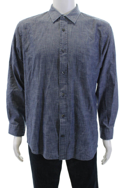 Vince Mens Cotton Spotted Long Sleeve Button Up Shirt Blue Size L