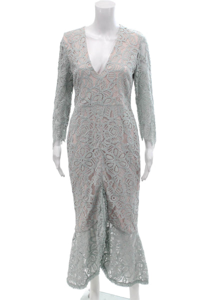 Alexis Womens Lace V Neck Long Sleeves Evening Gown Blue Pink Size Large