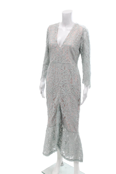 Alexis Womens Lace V Neck Long Sleeves Evening Gown Blue Pink Size Large