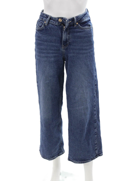 Zara Womens Cotton Dark Wash Wide Leg Buttoned Jeans Blue Size 0