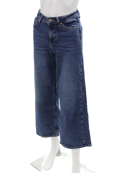 Zara Womens Cotton Dark Wash Wide Leg Buttoned Jeans Blue Size 0