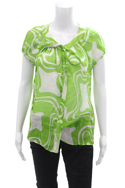 Milly Womens Silk Abstract Print Belted Buttoned Down Blouse Green Size 6