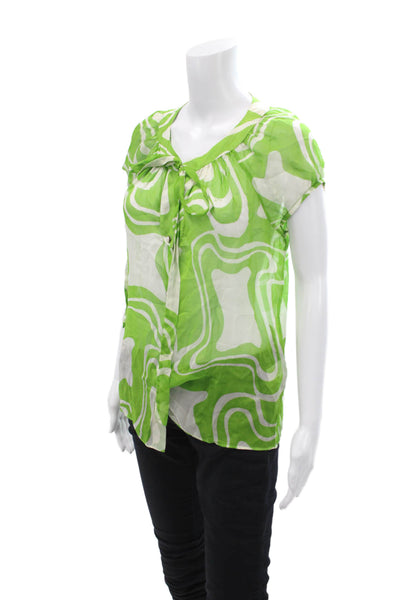 Milly Womens Silk Abstract Print Belted Buttoned Down Blouse Green Size 6