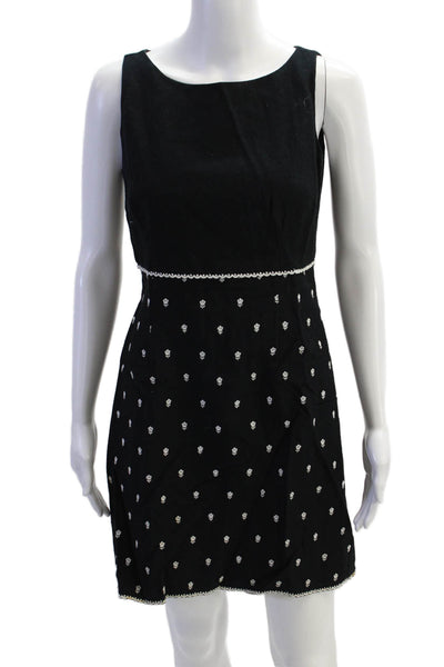 Shelli Segal Womens Back Zip Scoop Neck Floral Embroidered Dress Black Size 8