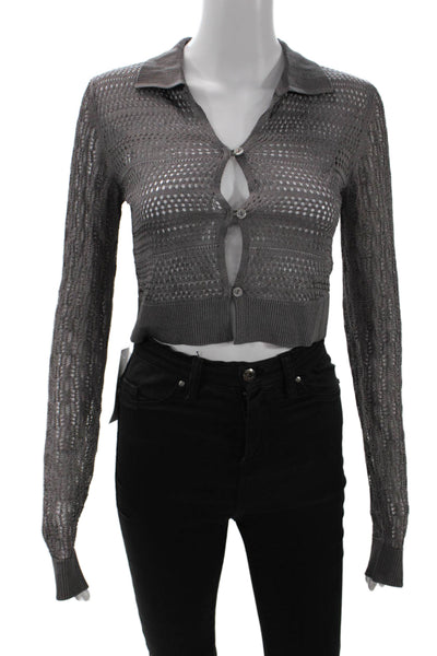 Free People Womens Open Knit Collared Long Sleeve Button Up Top Gray Size S