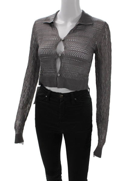 Free People Womens Open Knit Collared Long Sleeve Button Up Top Gray Size S