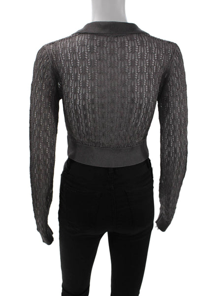 Free People Womens Open Knit Collared Long Sleeve Button Up Top Gray Size S