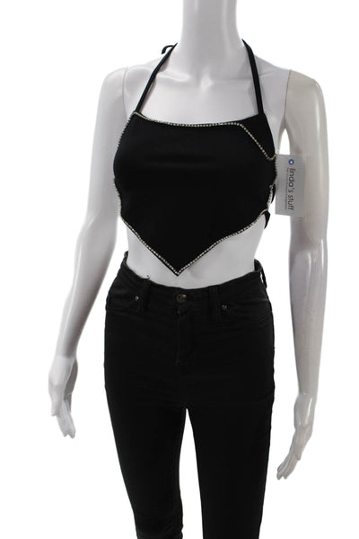 Superdown Womens Crystal Detail Open Back Cropped Halter Top Black Size XS