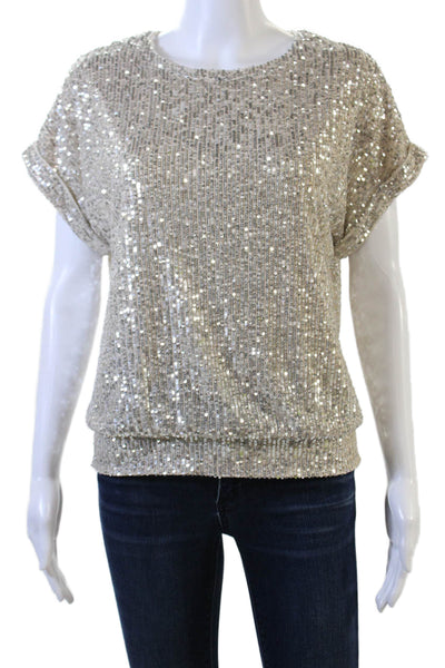 Frank Lyman Womens Short Sleeve Scoop Neck Sequin Knit Top Silver Size 4