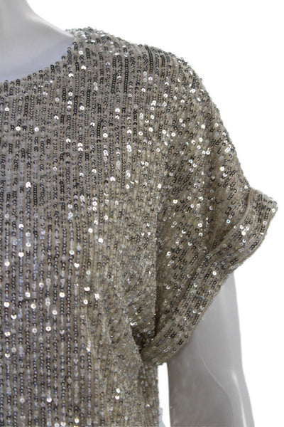 Frank Lyman Womens Short Sleeve Scoop Neck Sequin Knit Top Silver Size 4
