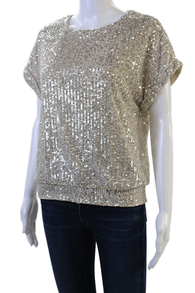 Frank Lyman Womens Short Sleeve Scoop Neck Sequin Knit Top Silver Size 4