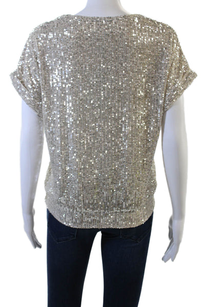 Frank Lyman Womens Short Sleeve Scoop Neck Sequin Knit Top Silver Size 4