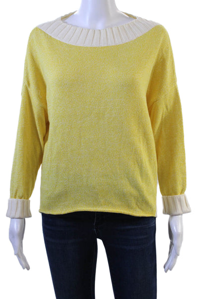 Kash Womens 3/4 Sleeve Scoop Neck Sweater Yellow White Cotton Size IT 40