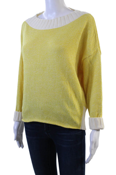 Kash Womens 3/4 Sleeve Scoop Neck Sweater Yellow White Cotton Size IT 40