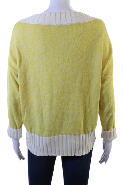 Kash Womens 3/4 Sleeve Scoop Neck Sweater Yellow White Cotton Size IT 40