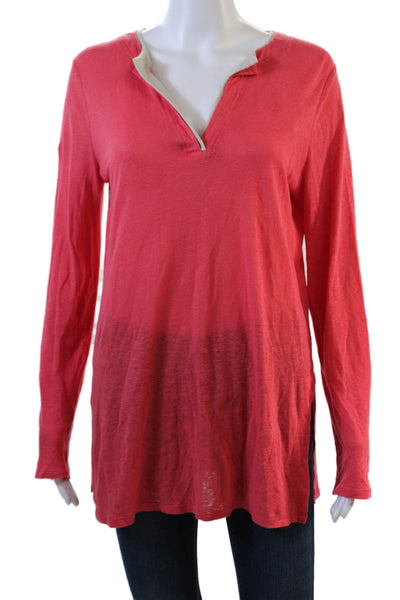 Elie Tahari Womens Long Sleeve V Neck Knit Shirt Pink Beige Size Small