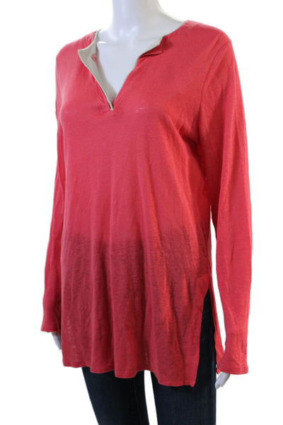 Elie Tahari Womens Long Sleeve V Neck Knit Shirt Pink Beige Size Small
