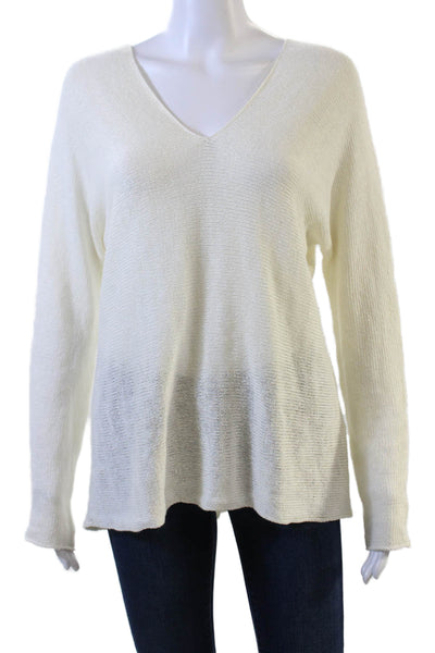 Vince Womens Long Sleeve V Neck Open Knit Sweatshirt White Linen Size XS