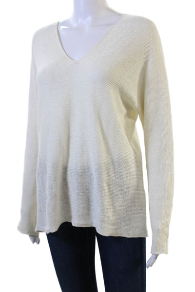 Vince Womens Long Sleeve V Neck Open Knit Sweatshirt White Linen Size XS