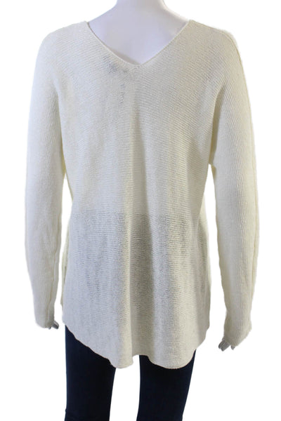 Vince Womens Long Sleeve V Neck Open Knit Sweatshirt White Linen Size XS