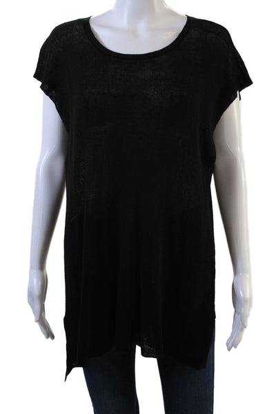 Eileen Fisher Womens Short Sleeve Scoop Neck Open Knit Linen Top Black Size XS