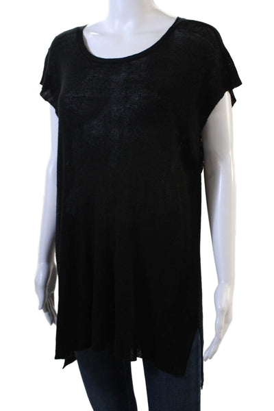 Eileen Fisher Womens Short Sleeve Scoop Neck Open Knit Linen Top Black Size XS