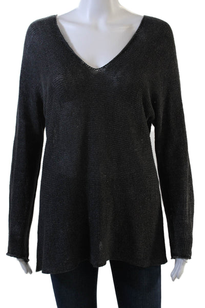 Vince Womens Long Sleeve V Neck Open Knit Linen Sweater Gray Size Extra Small