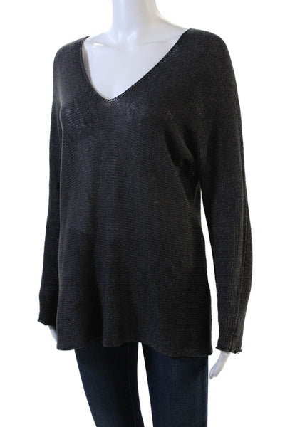 Vince Womens Long Sleeve V Neck Open Knit Linen Sweater Gray Size Extra Small