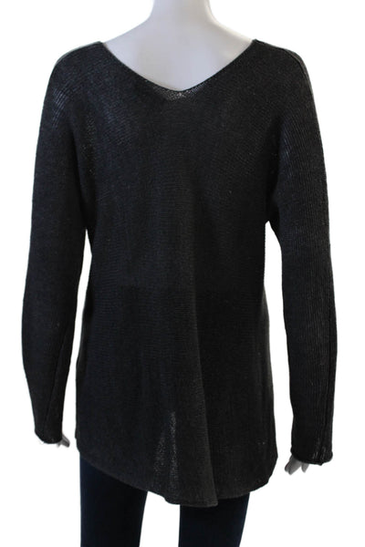 Vince Womens Long Sleeve V Neck Open Knit Linen Sweater Gray Size Extra Small